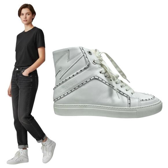Zadig & Voltaire High Flash Studded Leather High Top Sneaker White Size 40 - Picture 2 of 13